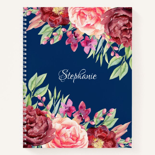Burgundy Blush Floral Personalised Name Navy Blue Notebook (Front)
