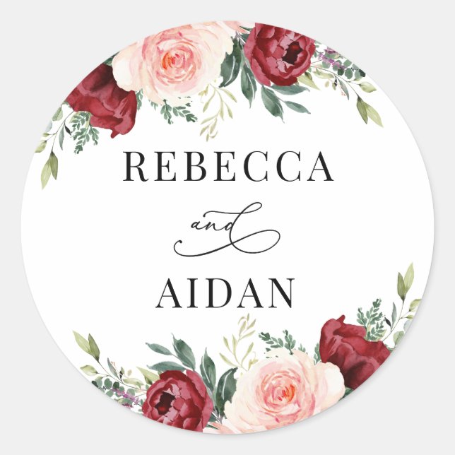 Burgundy Blush Floral Personalised Wedding Classic Classic Round Sticker (Front)
