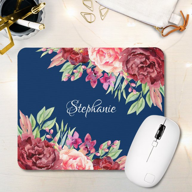 Burgundy Blush Floral Personalized Name Mouse Pad (Creator Uploaded)