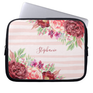 Burgundy Blush Floral Pink Stripes Monogram Laptop Sleeve