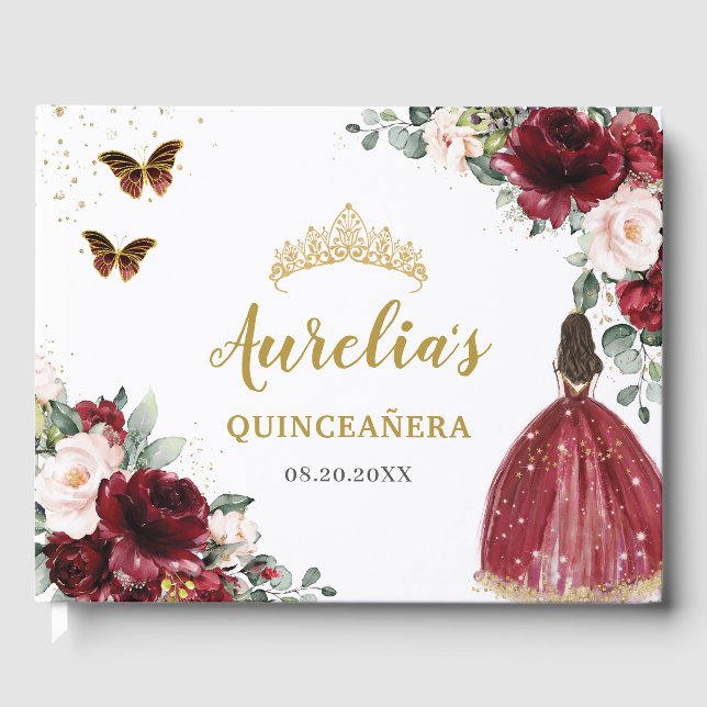 Burgundy Blush Floral Princess Gold Quinceañera Guest Book (Front)