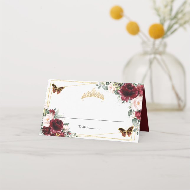 Burgundy Blush Floral Quinceañera 16th Birthday Place Card (Front)