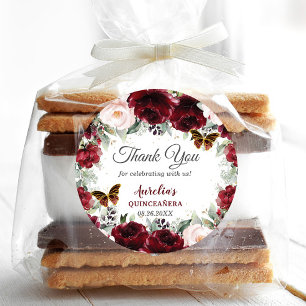 Burgundy Blush Floral Quinceañera Butterflies Classic Round Sticker