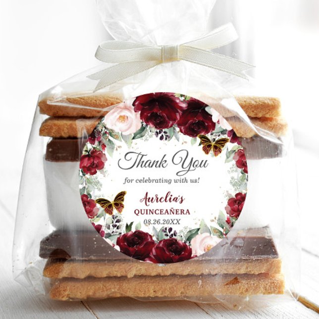 Burgundy Blush Floral Quinceañera Butterflies Classic Round Sticker (Creator Uploaded)