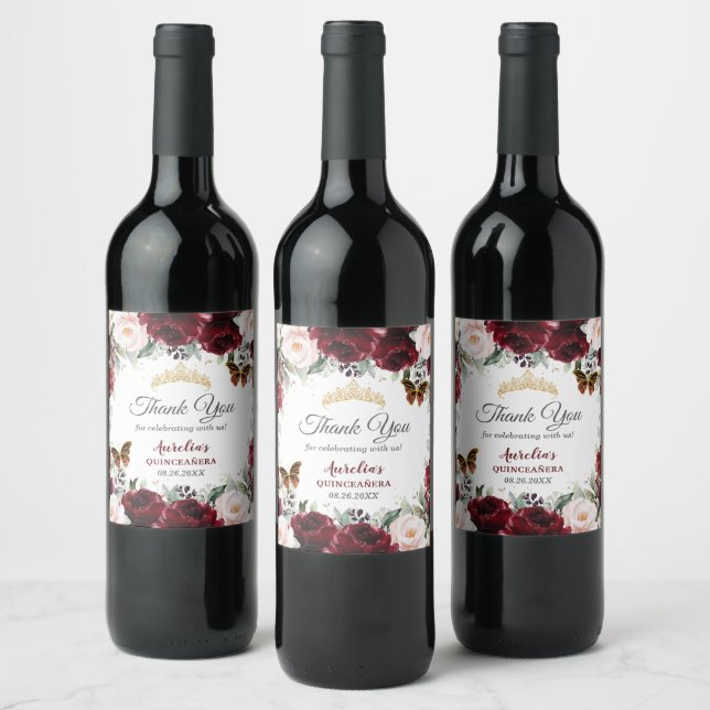 Burgundy Blush Floral Quinceañera Butterflies Gold Wine Label (Bottles)