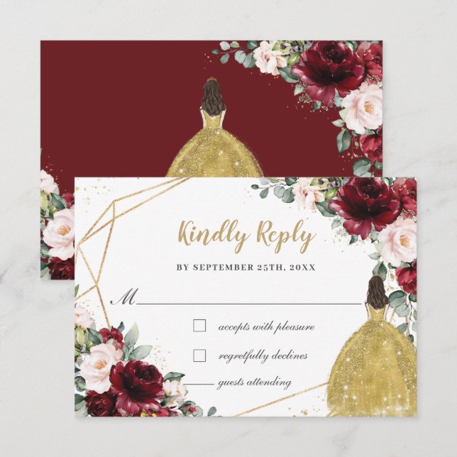 Burgundy Blush Floral Quinceañera Gold Princess  RSVP Card (Front/Back)
