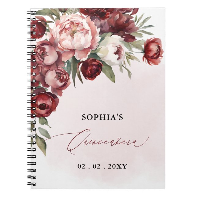  Burgundy Blush Floral Quinceañera Guest book (Front)
