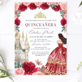 Burgundy Blush Floral Quinceanera Invitatio Red Invitation