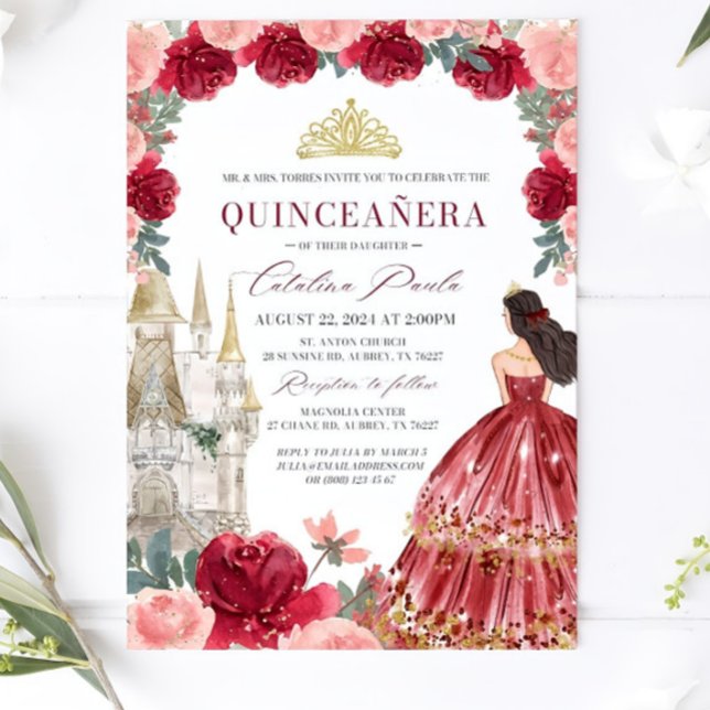 Burgundy Blush Floral Quinceanera Invitatio Red Invitation (Creator Uploaded)