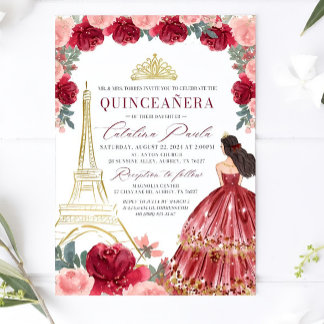Burgundy Blush Floral Quinceanera Invitation, Red Invitation