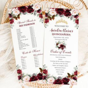 Burgundy Blush Floral QUINCEAÑERA Order of Events Programme