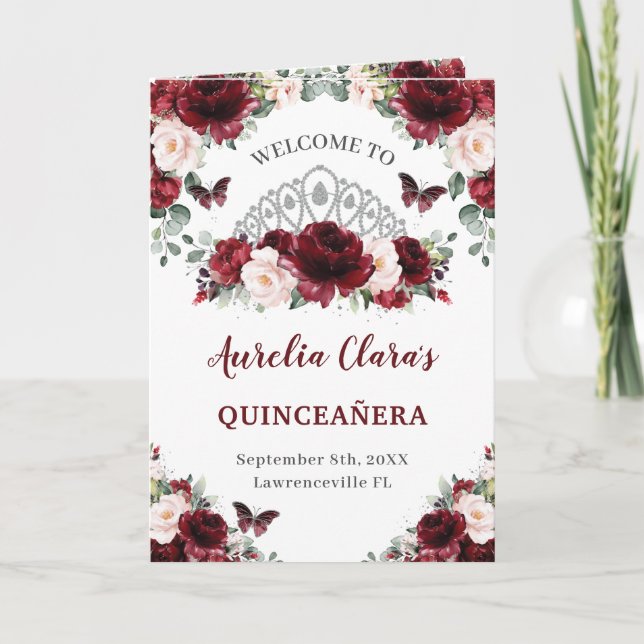 Burgundy Blush Floral Quinceañera Order of Events Programme (Front)