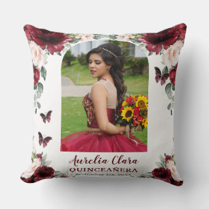 Burgundy Blush Floral Quinceañera Photo Keepsake Cushion