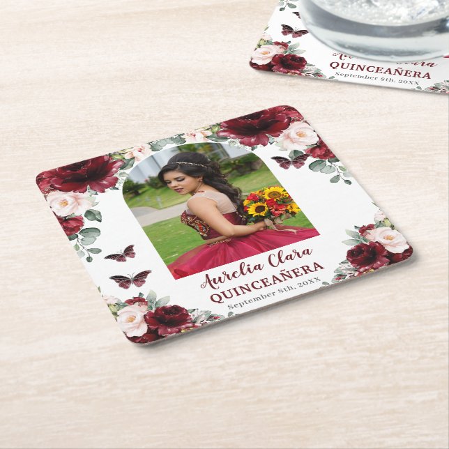 Burgundy Blush Floral Quinceañera Photo Keepsake Square Paper Coaster (Angled)
