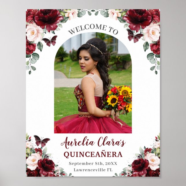 Burgundy Blush Floral Quinceañera Photo Welcome  Poster (Front)