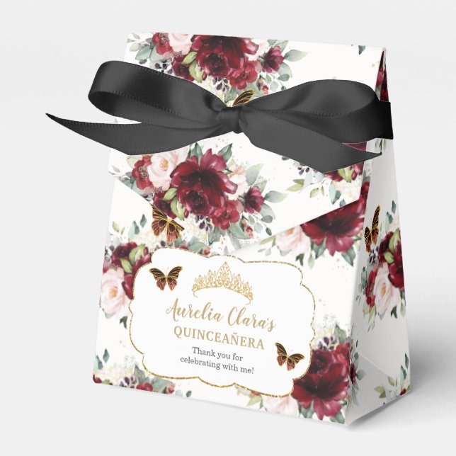 Burgundy Blush Floral Quinceañera Tiara Butterfly  Favour Box (Front Side)