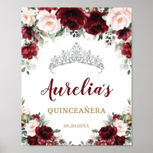 Burgundy Blush Floral Quinceañera Tiara Welcome   Poster