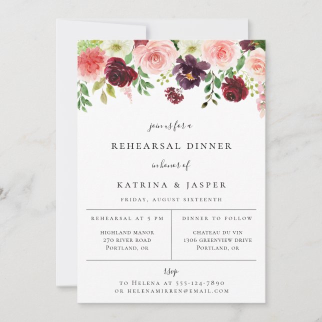 Burgundy Blush Floral Rehearsal Dinner Invitation (Front)