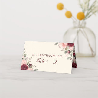 Burgundy & Blush Floral Rose Wedding Folded Place Card