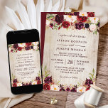 Burgundy Blush Floral Rustic Barn Wood Wedding Invitation<br><div class="desc">This invitation captures the essence of a rustic barn wedding, featuring a delightful combination of burgundy blooms and blush accents against a backdrop of weathered barn wood. With the convenience of digital download, you can personalise the invitation with your names and wedding details, and then either print it at home...</div>