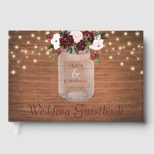 Burgundy Blush Floral Rustic Wood Wedding Guest Book
