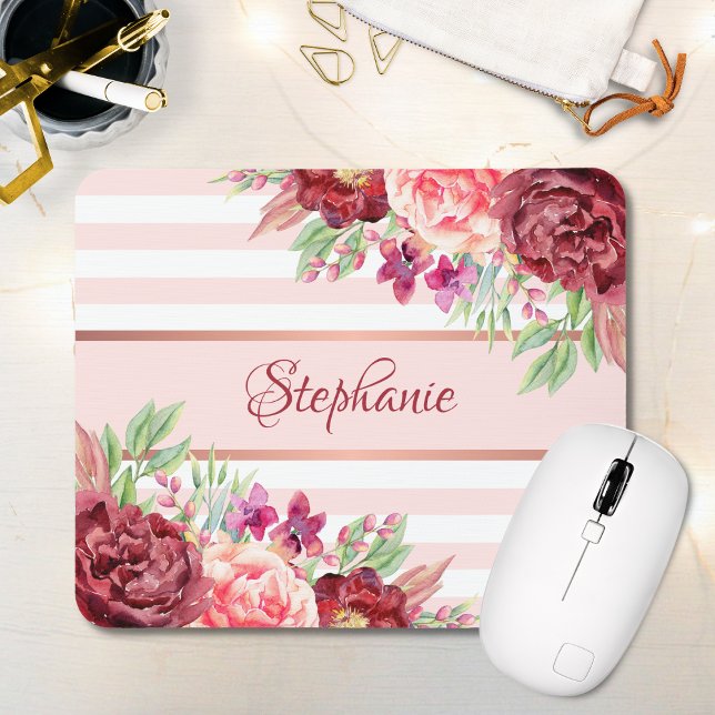 Burgundy Blush Floral Stripes Monogram Name Mouse Pad (Creator Uploaded)