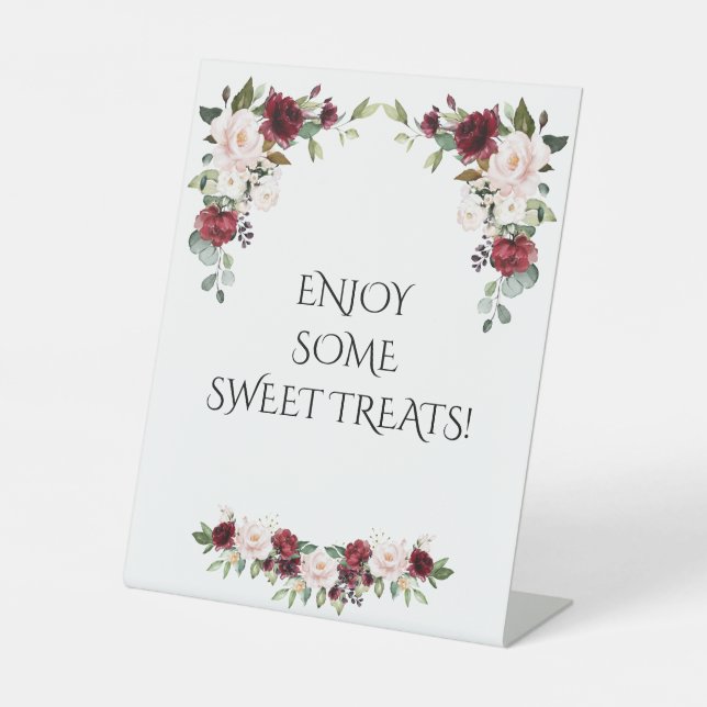 Burgundy Blush Floral Sweet Treats Wedding Sign (Front)