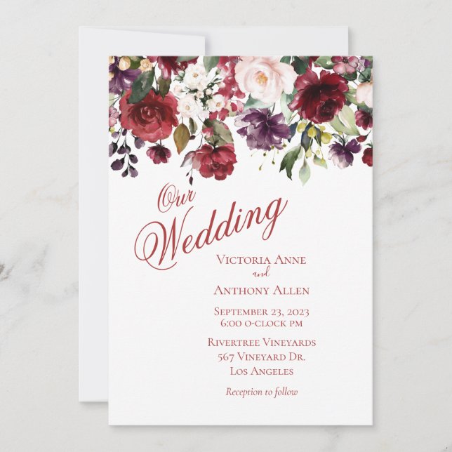 Burgundy Blush Floral Watercolor Script Wedding Invitation (Front)