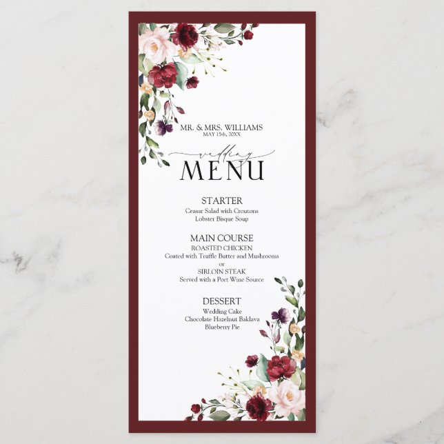 Burgundy Blush Floral Watercolor Script Wedding Menu (Front)