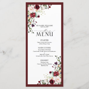 Burgundy Blush Floral Watercolor Script Wedding Menu