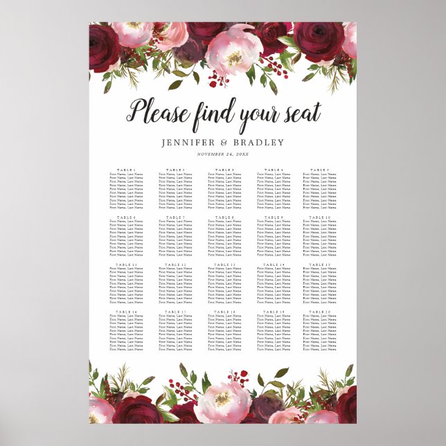 Burgundy Blush Floral Wedding 20 Table Chart (Front)