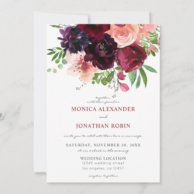 Burgundy & Blush Floral Wedding 2 Invitation (Front)