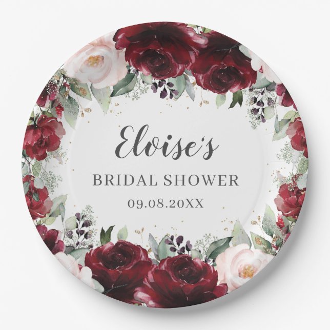 Burgundy Blush Floral Wedding Bridal Baby Shower Paper Plate (Front)