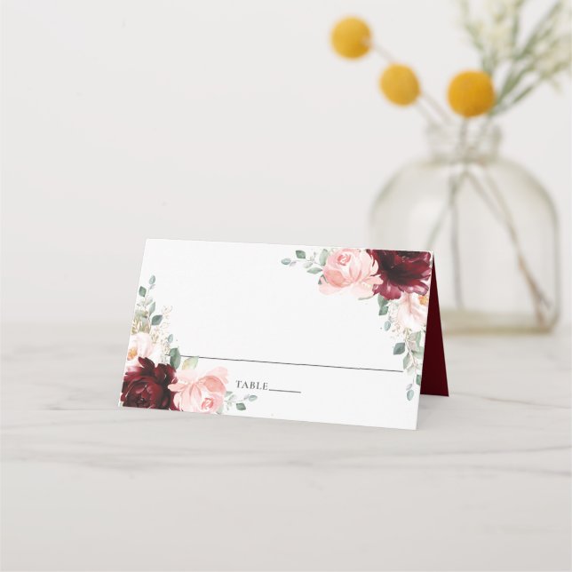 Burgundy Blush Floral Wedding Bridal Guest Name   Place Card (Front)