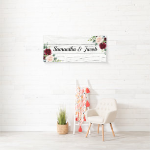Burgundy Blush Floral Wedding Bridal Shower Name Banner