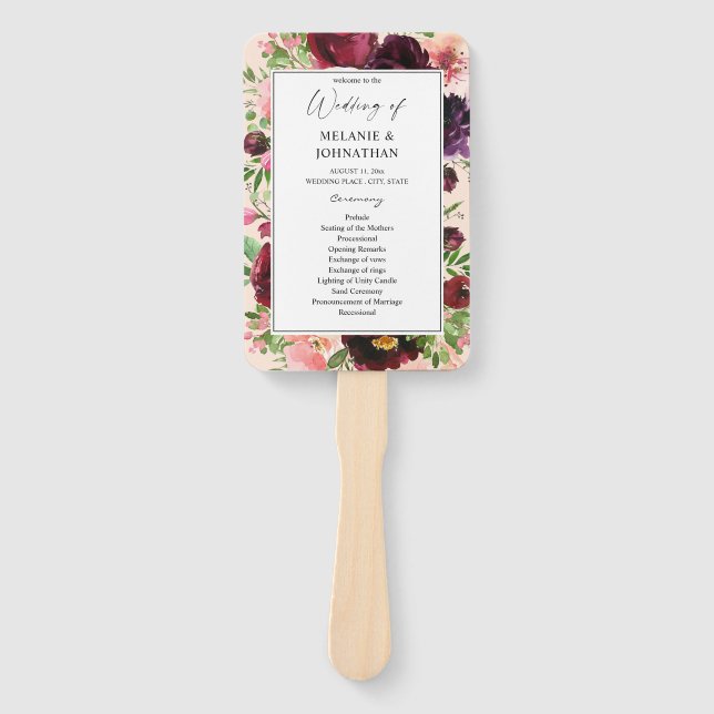 Burgundy & Blush Floral Wedding Ceremony Program P Hand Fan (Front)