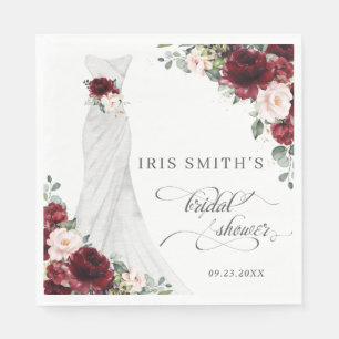 Burgundy Blush Floral Wedding Dress Bridal Shower Napkin