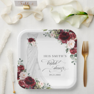 Burgundy Blush Floral Wedding Dress Bridal Shower Paper Plate