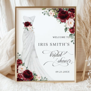 Burgundy Blush Floral Wedding Dress Bridal Shower Poster