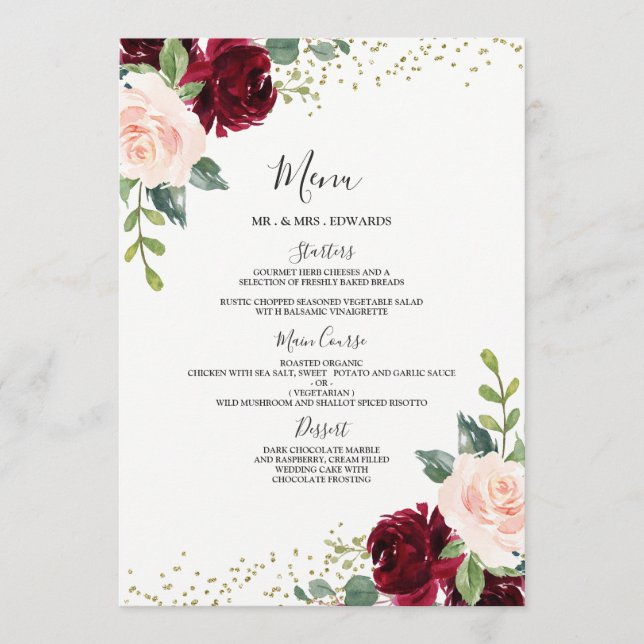 Burgundy & Blush Floral Wedding Engagement Dinner Menu (Front)