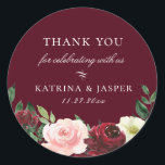 Burgundy Blush Floral Wedding Favour Classic Round Sticker<br><div class="desc">Chic watercolor flowers and botanical branches in shades of blush pink,  white,  green and burgundy red,  personalised wedding favour sticker. Background shown in,  burgundy red,  can be customised. Designed to match our Burgundy Blush Botanical Floral Collection.</div>