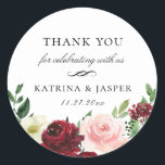Burgundy Blush Floral Wedding Favour Classic Round Sticker<br><div class="desc">Elegant watercolor bouquet of flowers and green botanical branches in shades of blush pink and burgundy red,  personalised wedding favour sticker. Designed to match our Burgundy Blush Botanical Floral Collection.</div>