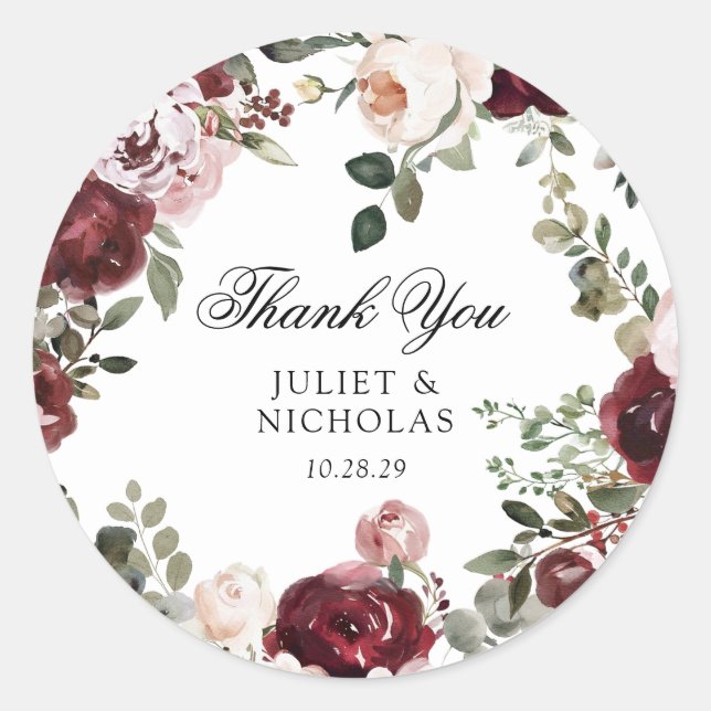 Burgundy & Blush Floral Wedding Favour Classic Round Sticker (Front)