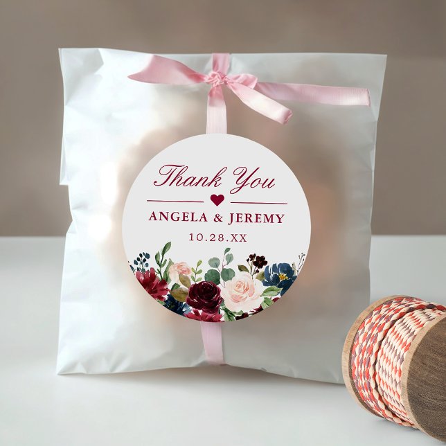 Burgundy Blush Floral Wedding Favour Thank You Classic Round Sticker (Creator Uploaded)