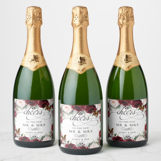 Burgundy Blush Floral Wedding Gold Butterflies  Sparkling Wine Label (Bottles)