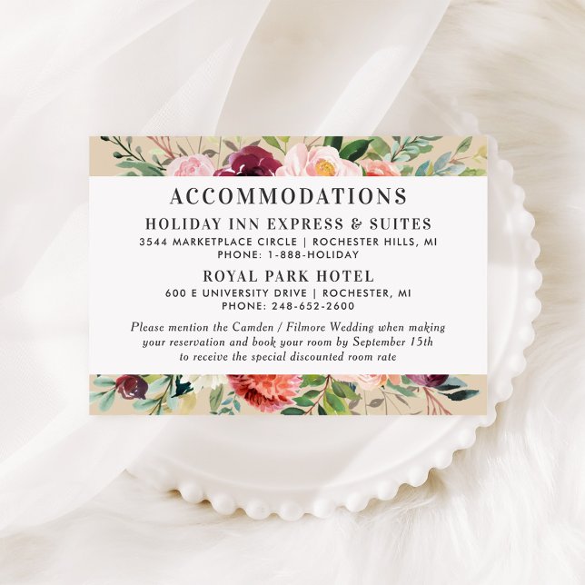 Burgundy Blush Floral Wedding Hotel Accommodations Enclosure Card (Creator Uploaded)