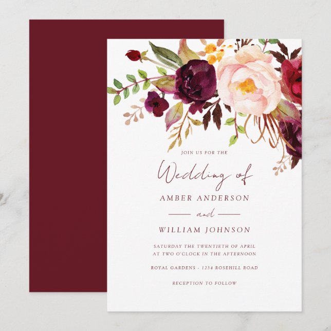 Burgundy Blush Floral Wedding   Invitation (Front/Back)