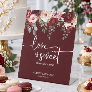 Burgundy Blush Floral Wedding Love is Sweet Pedestal Sign
