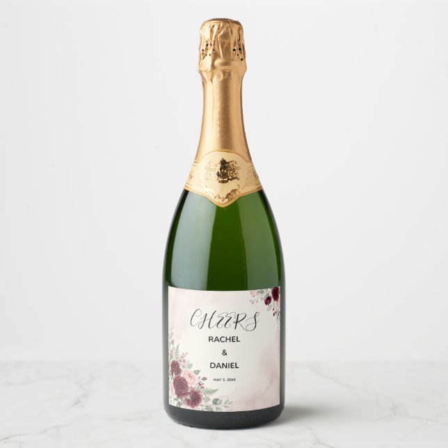 Burgundy Blush Floral Wedding Mini Sparkling Wine Label (Front)