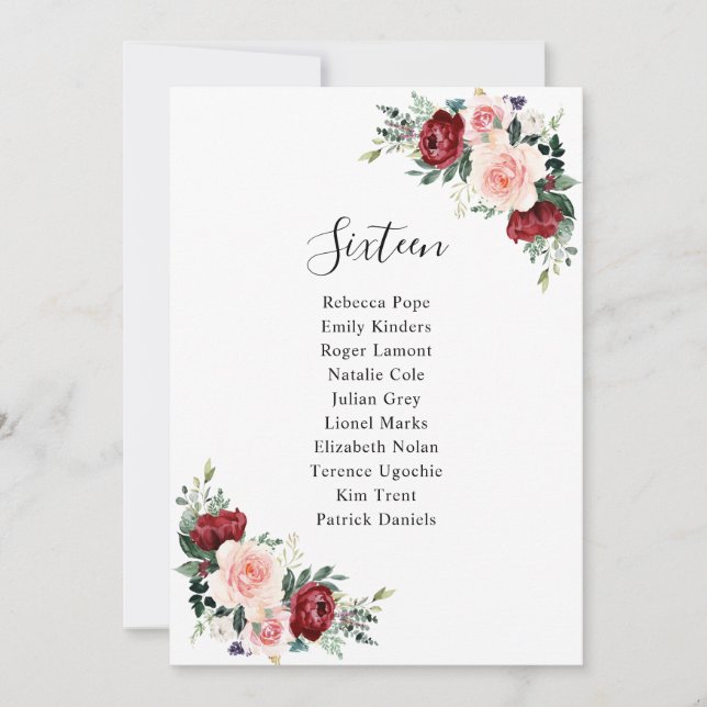 Burgundy Blush Floral Wedding Modern Seating Cards (Front)